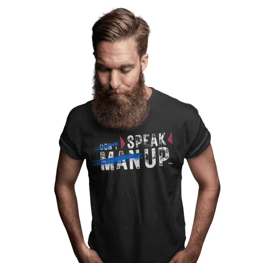 don’t man up speak up tee Man with beard wearing graphic t-shirt.