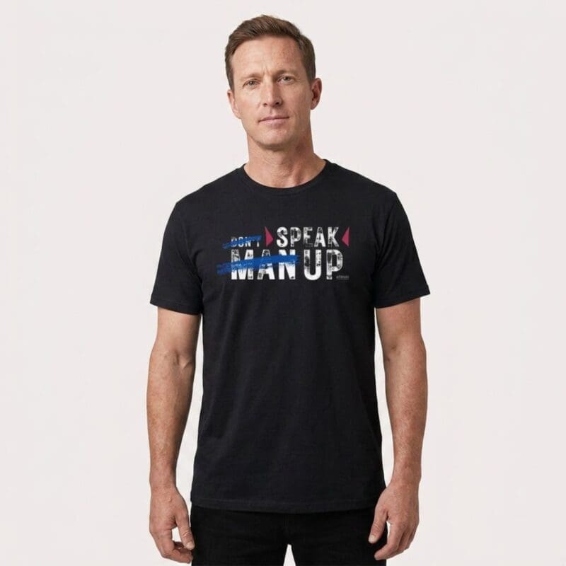 Man wearing black 'Speak Man Up' slogan T-shirt