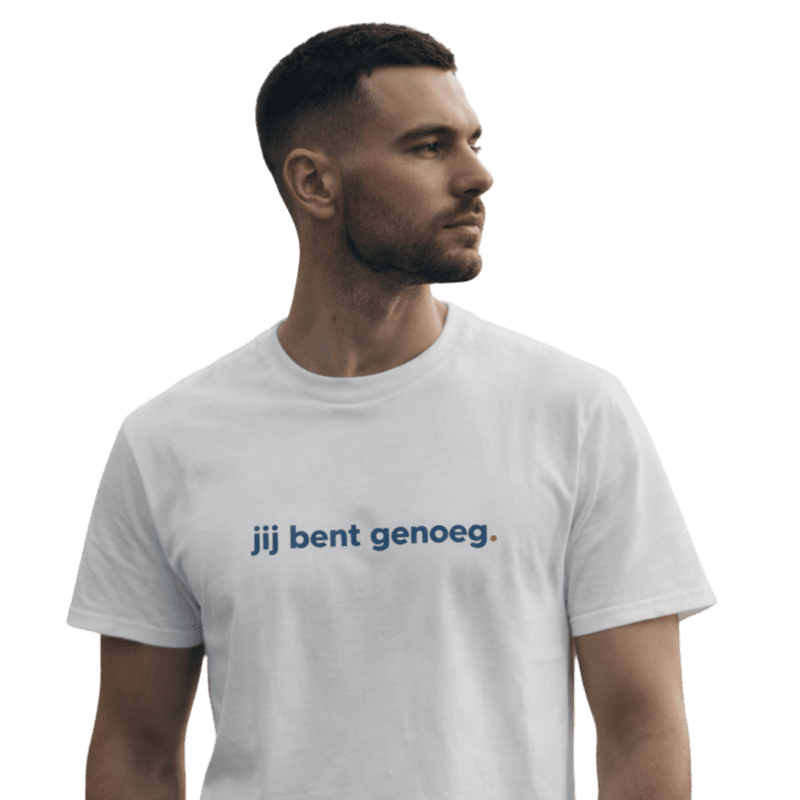 Person wearing 'jij bent genoeg' T-shirt, looking away.