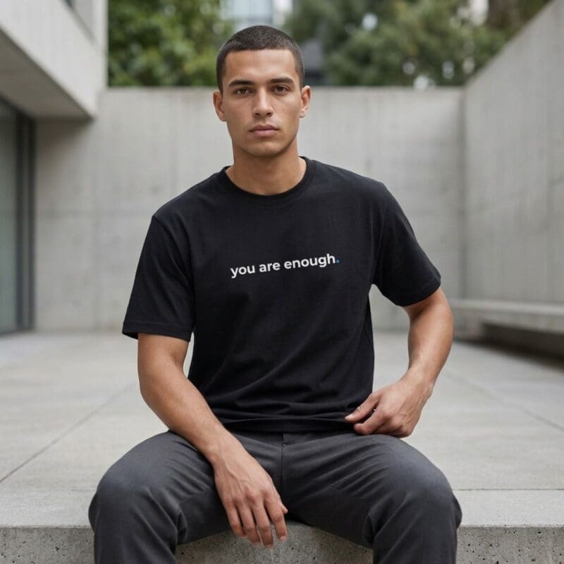 Man wearing 'you are enough' T-shirt