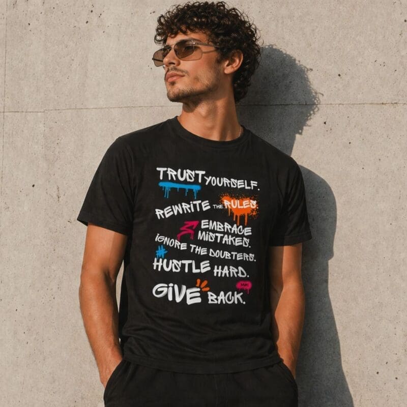 Man wearing black motivational slogan T-shirt outdoors