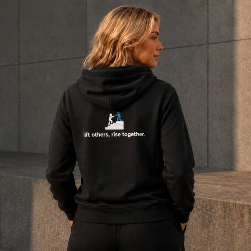 Woman wearing hoodie with motivational slogan on back