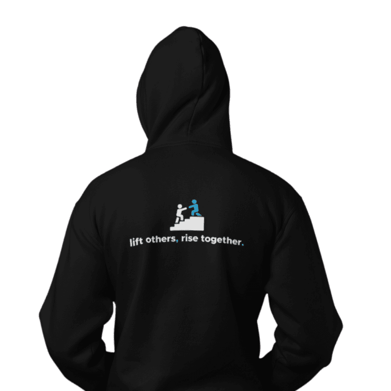 Black hoodie with inspirational teamwork message.