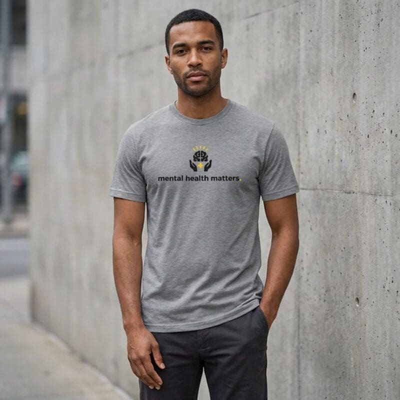 Man wearing 'mental health matters' T-shirt