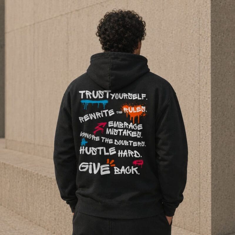 Man wearing hoodie with motivational graffiti text