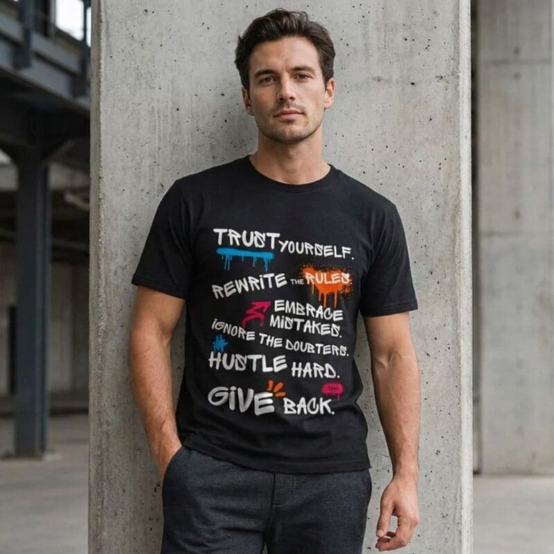 Man wearing the rules for life T-shirt by concrete pillar