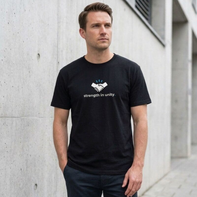 Man wearing black 'strength in unity' T-shirt
