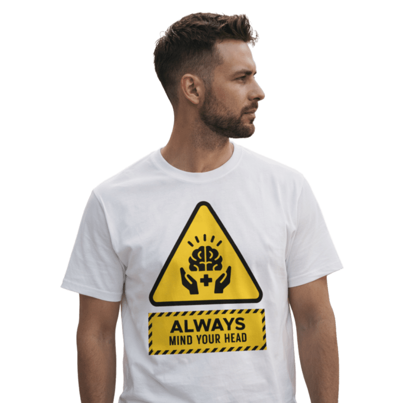 man wearing an always mind your head tee in white