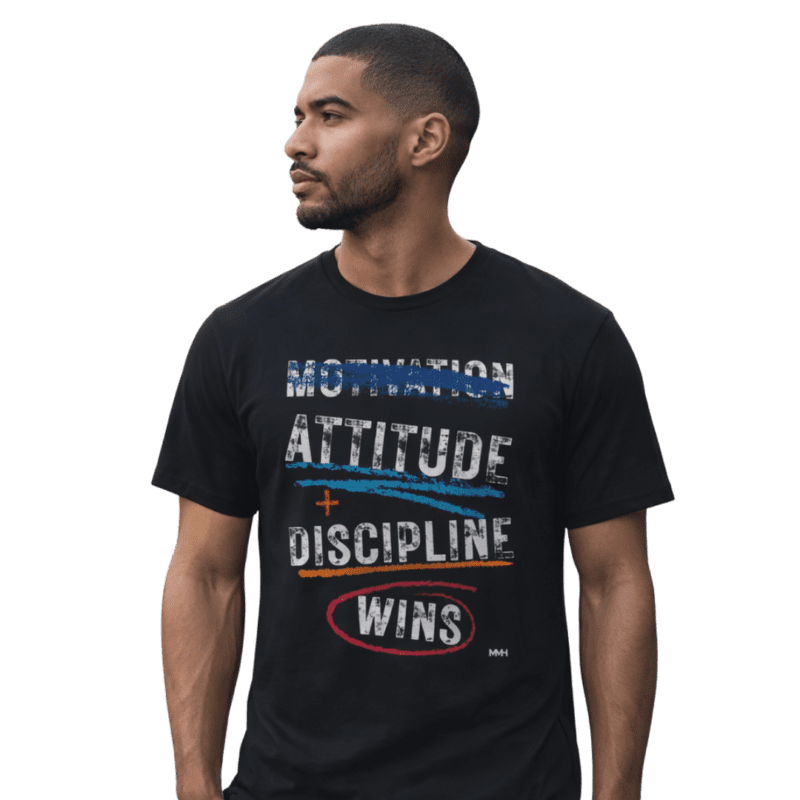 Man in motivational quote t-shirt on black background.