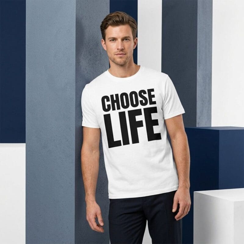 Man wearing white 'Choose Life' slogan T-shirt