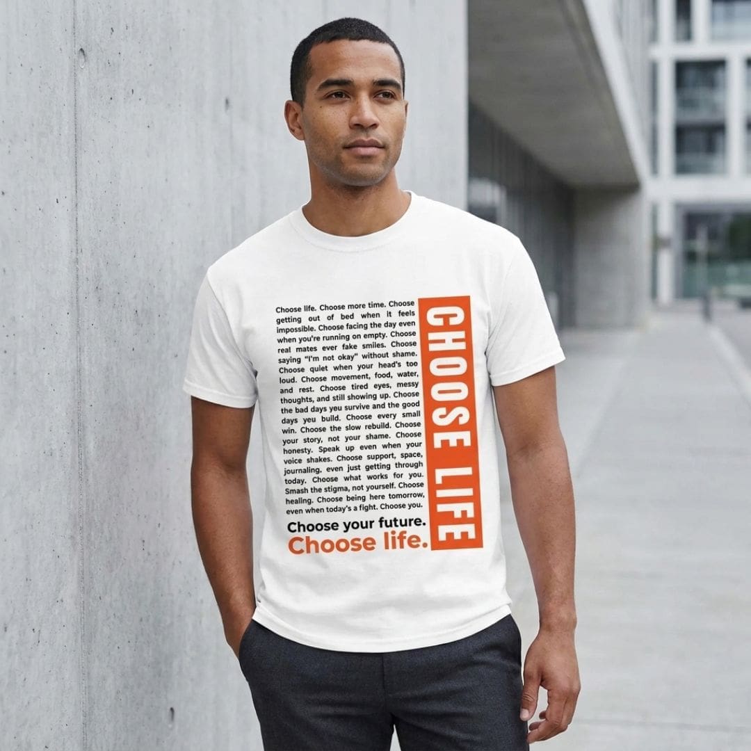Man wearing Choose Life slogan T-shirt