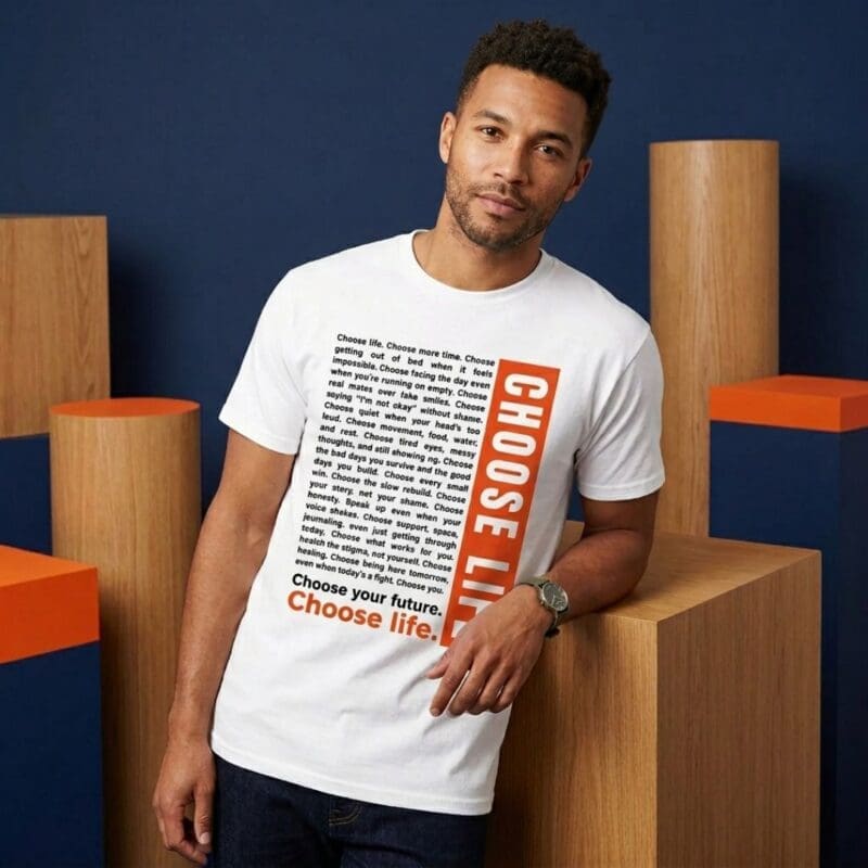 Man wearing Choose Life slogan T-shirt