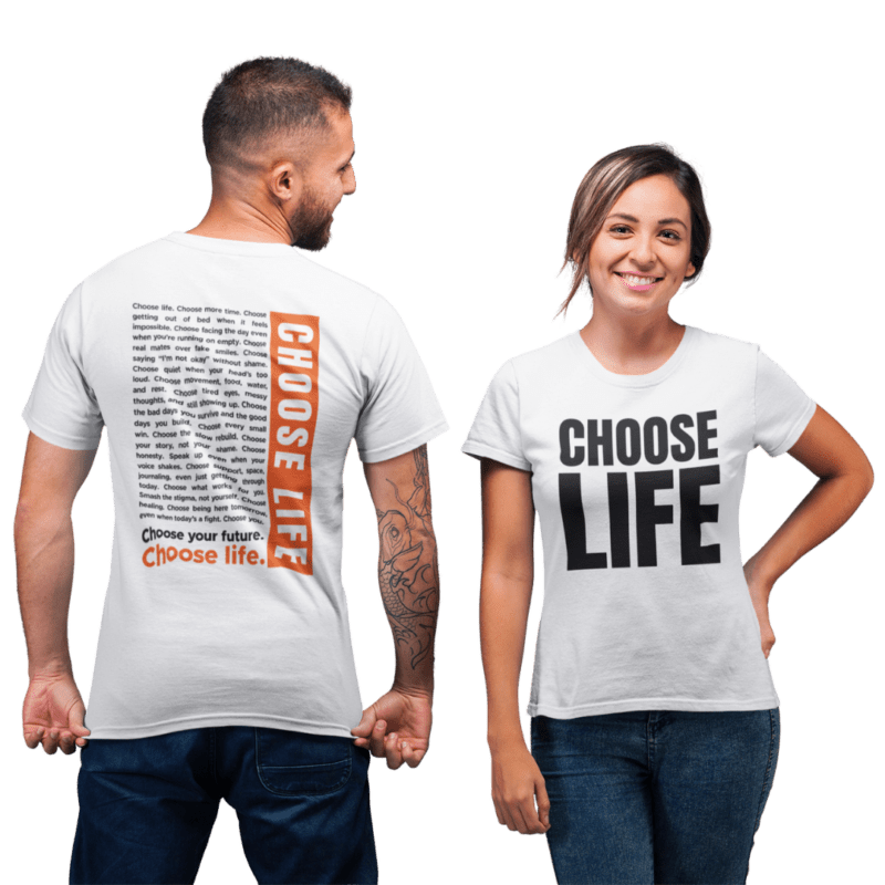 Two people wearing 'Choose Life' t-shirts.