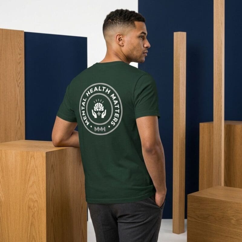 Man wearing Mental Health Matters green T-shirt