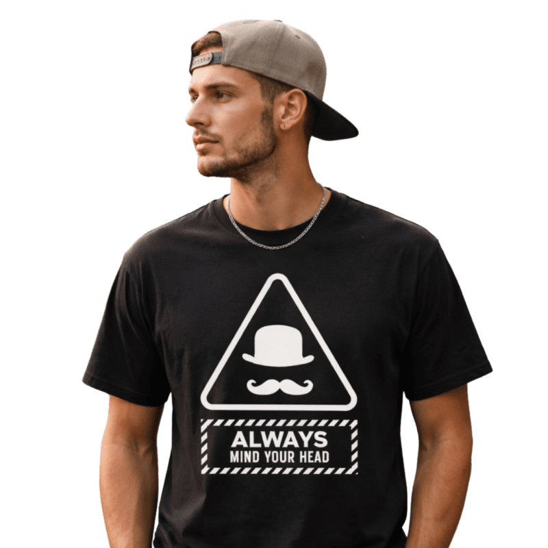 man wearing an always mind your head with a bowler hat tee in white