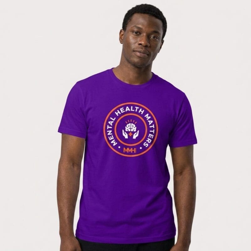 Man wearing purple Mental Health Matters T-shirt