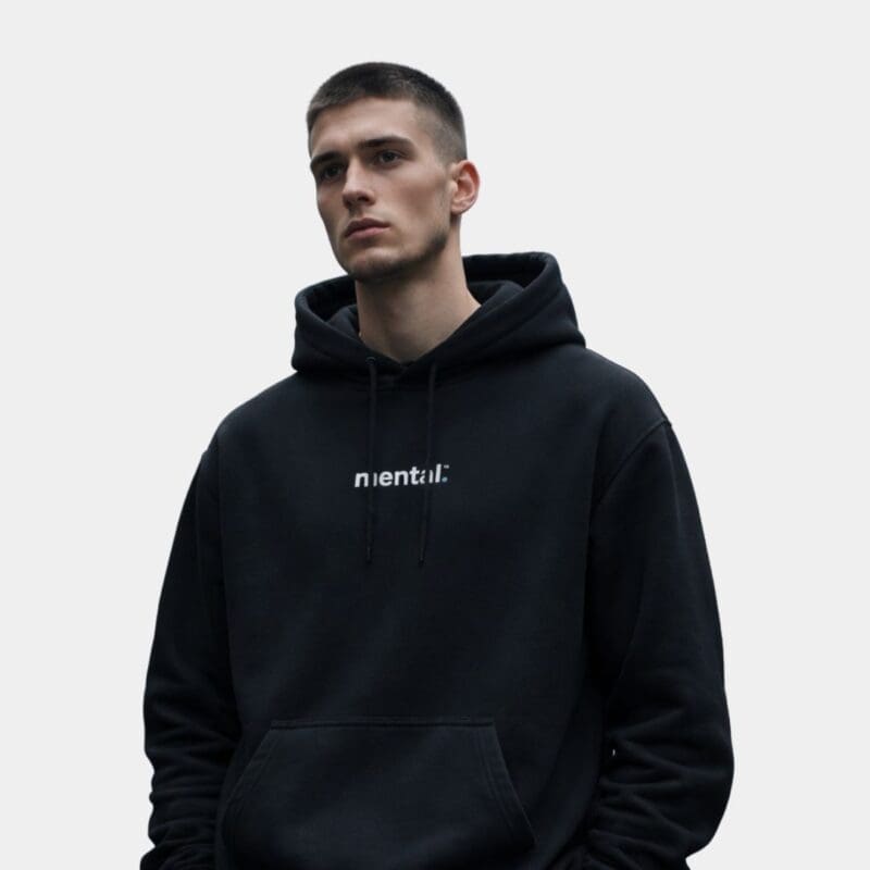 Man wearing a black hoodie, neutral expression.