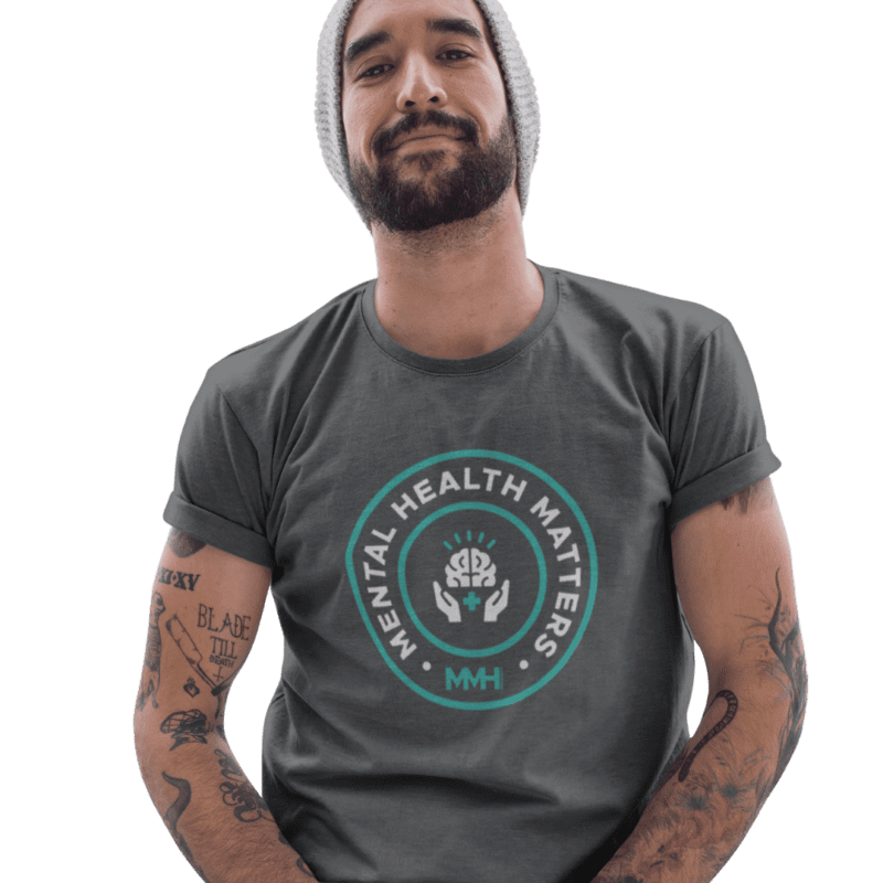 Man in a t-shirt supporting mental health awareness.