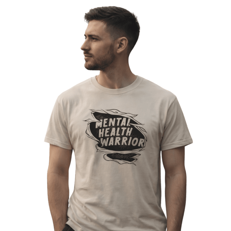 Person wears 'Mental Health Warrior' T-shirt.