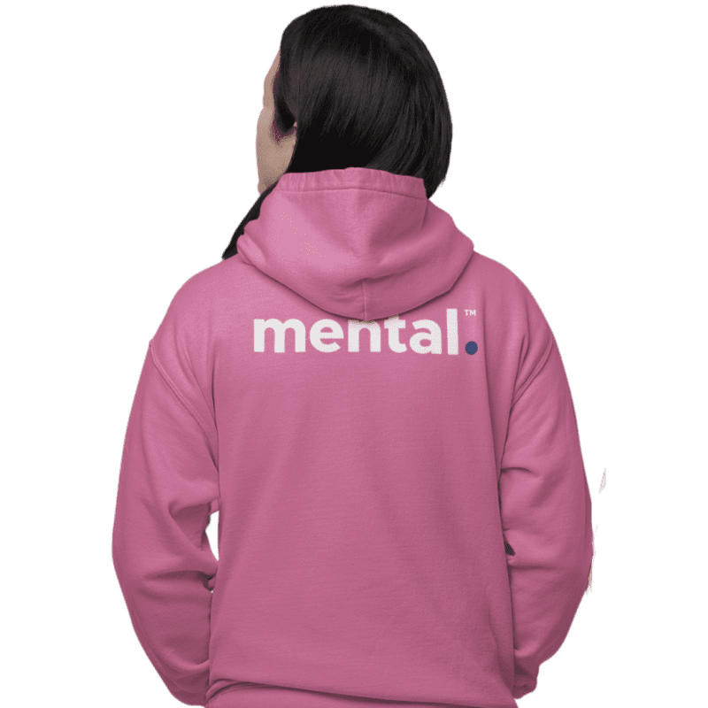 Pink hoodie with 'mental' logo on back.