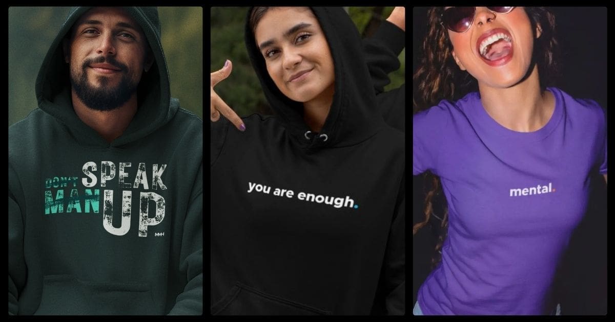 Three creators wearing MMH statement apparel: a green Speak Up hoodie, a black You Are Enough hoodie, and a purple mental tee, showcasing different styles and expressions.