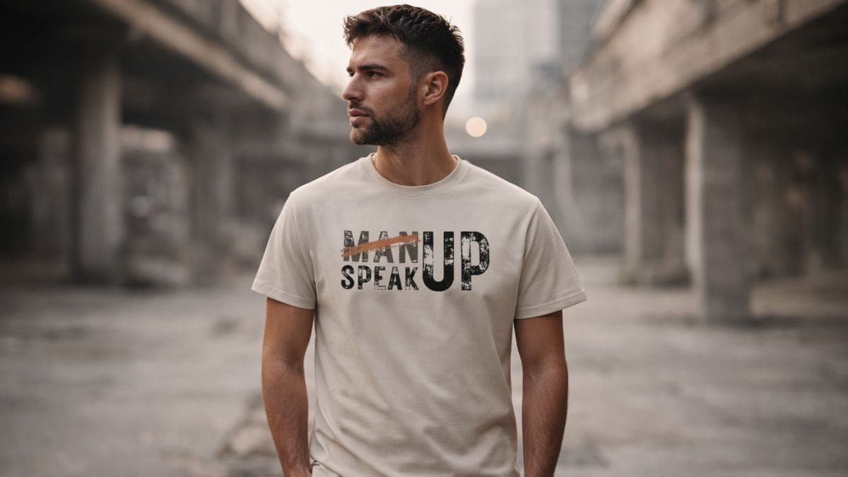 Man wearing Speak Up t-shirt, urban background.