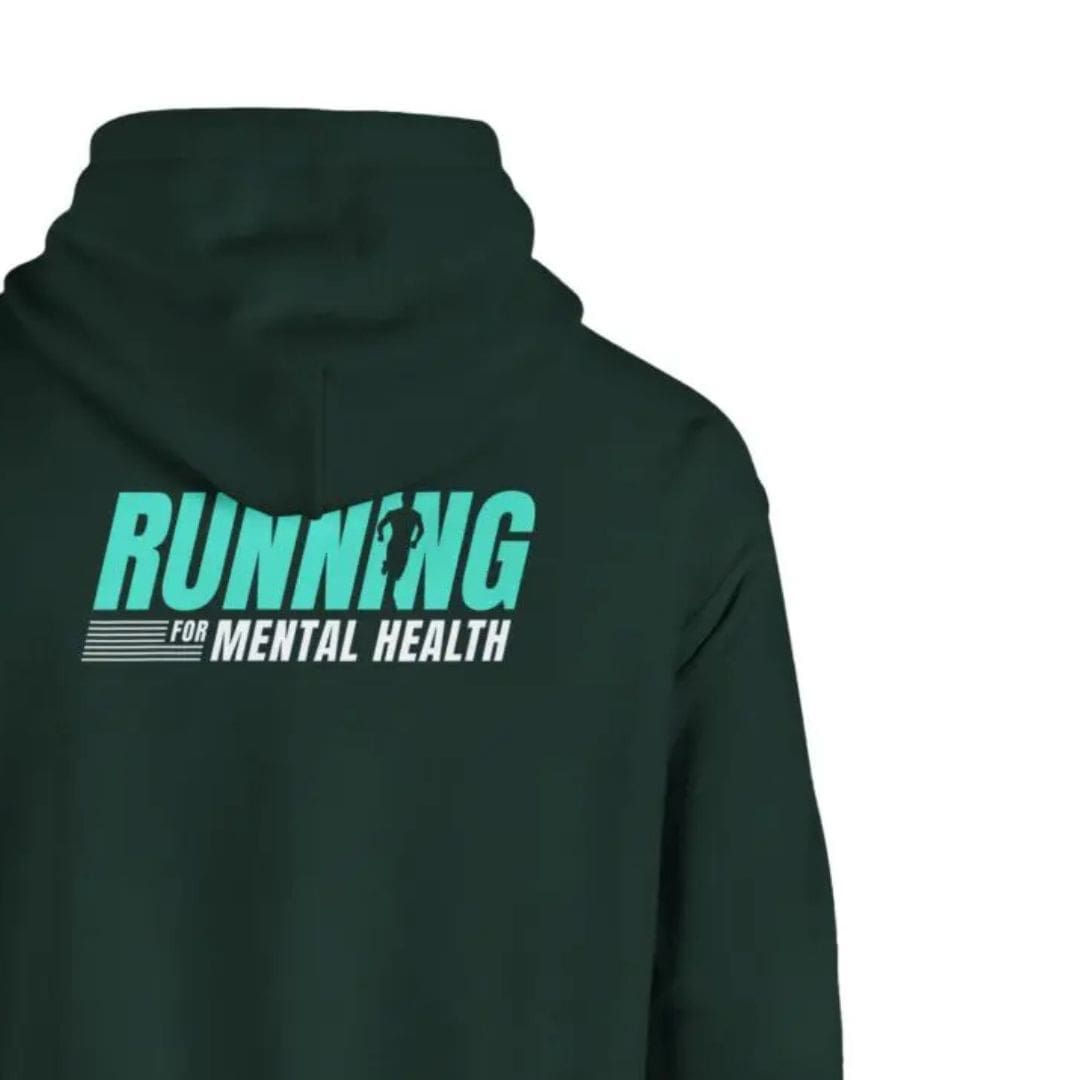 green hoodie back Hoodie with 'Running for Mental Health' printed on back.