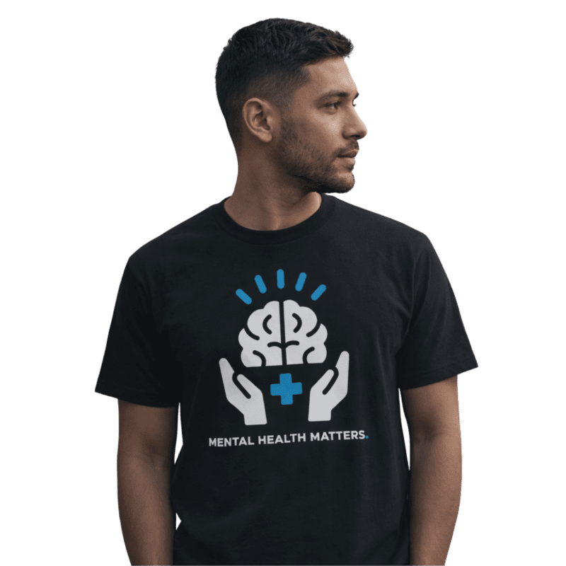 Man wearing mental health awareness t-shirt.
