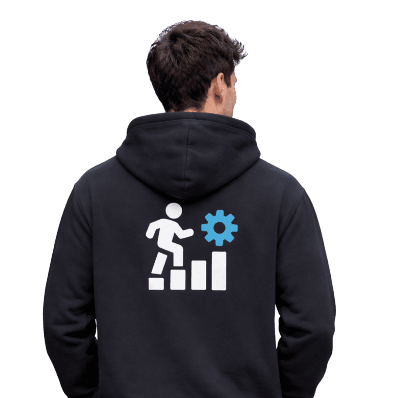 Person wearing hoodie with growth and gear icons