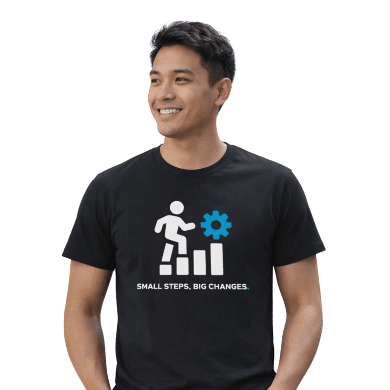 Man in motivational t-shirt with graphic and text