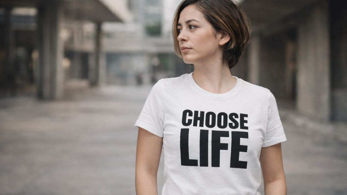 Woman wearing 'Choose Life' t-shirt in urban setting.