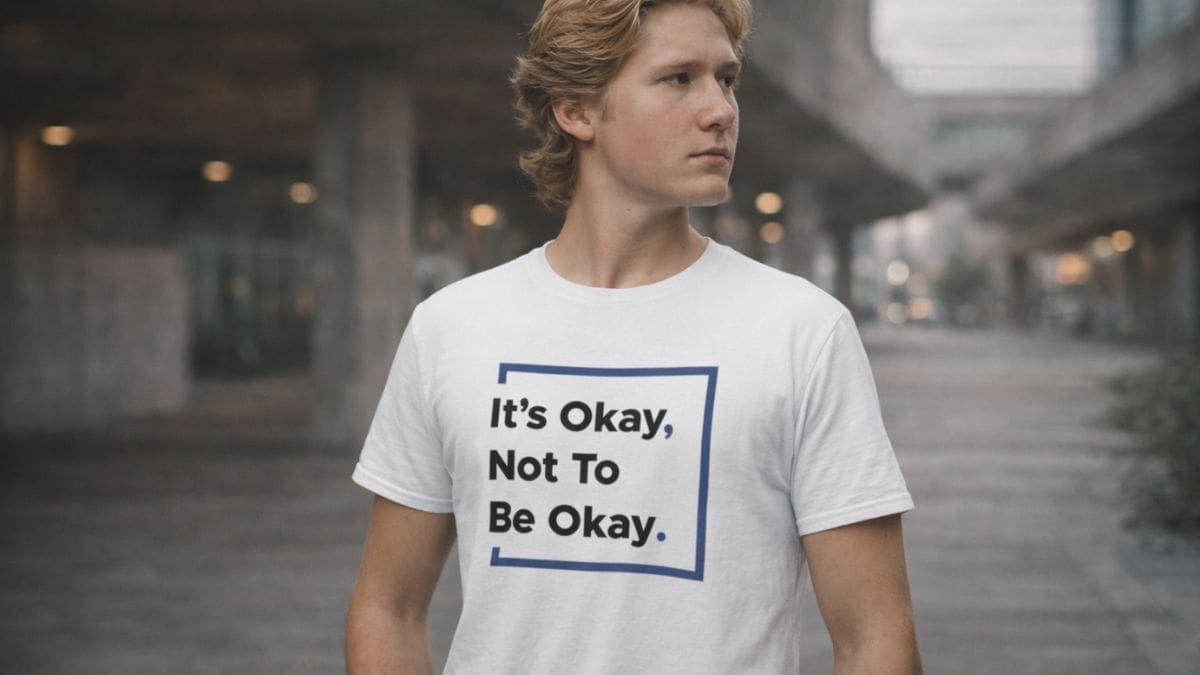 Man wearing 'It's Okay, Not To Be Okay' t-shirt.