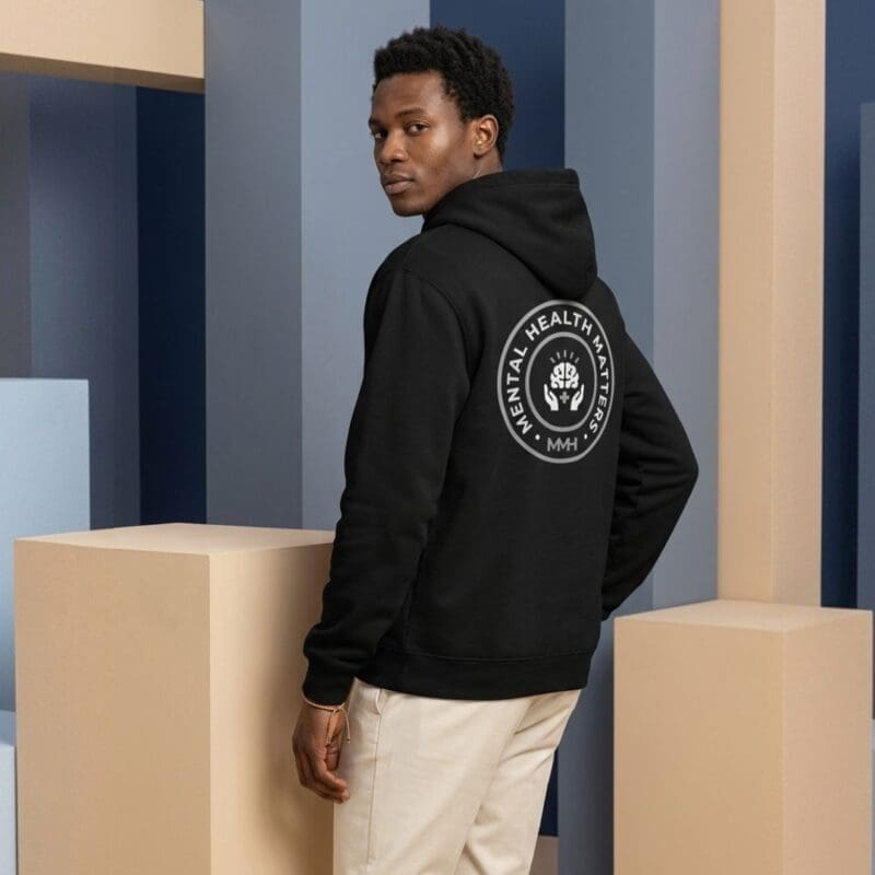Man wearing Mental Health Matters black hoodie