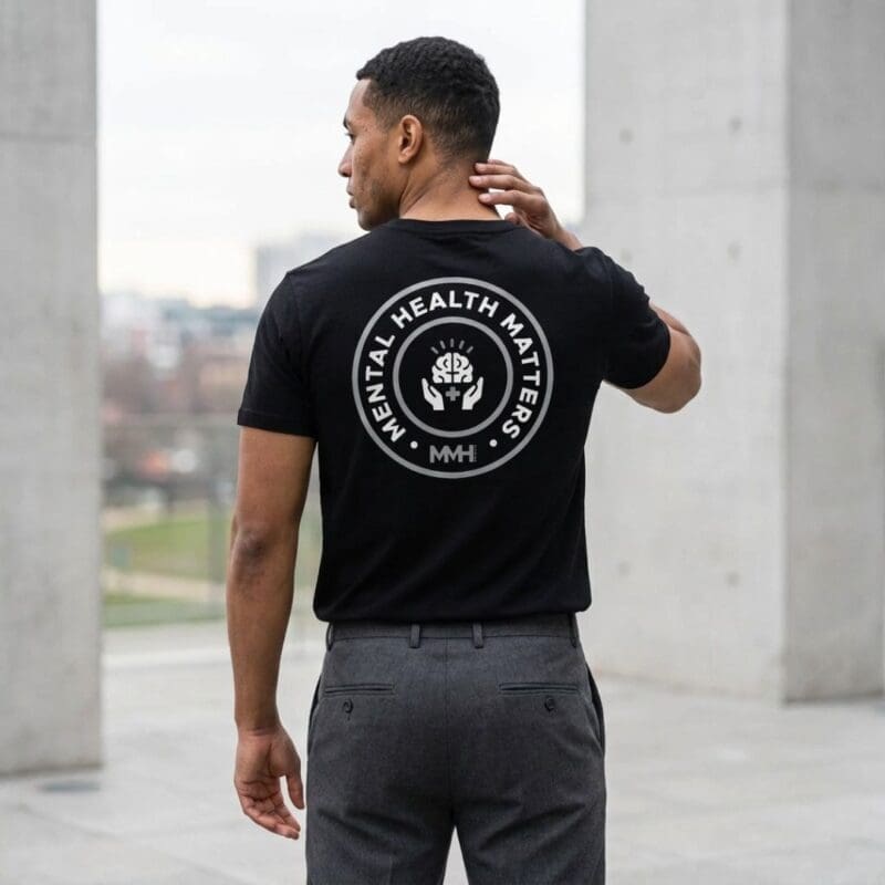 Man wearing Mental Health Matters T-shirt outdoors