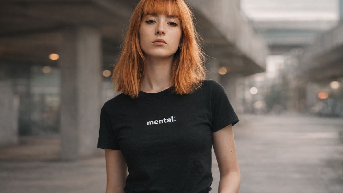 Person wearing black 'mental:' t-shirt outdoors.