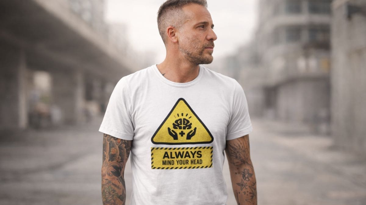 Tattooed man wears mind your head t-shirt.
