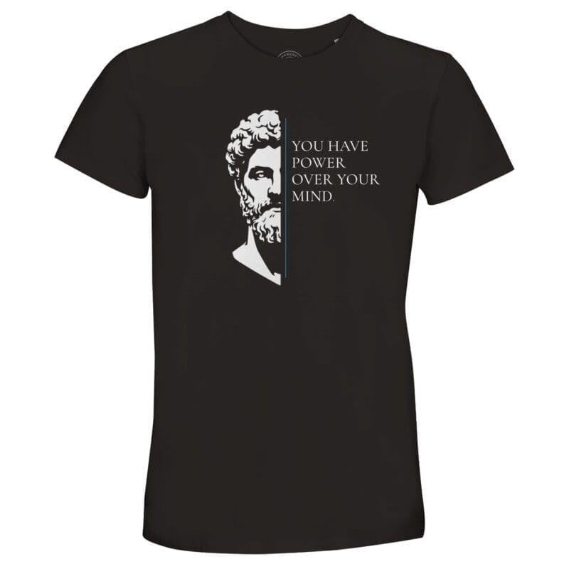 Deep Black T-shirt - "Marcus Aurelius Stoic Quote T-Shirt – Power Over The Mind" by MMH Statement Apparel