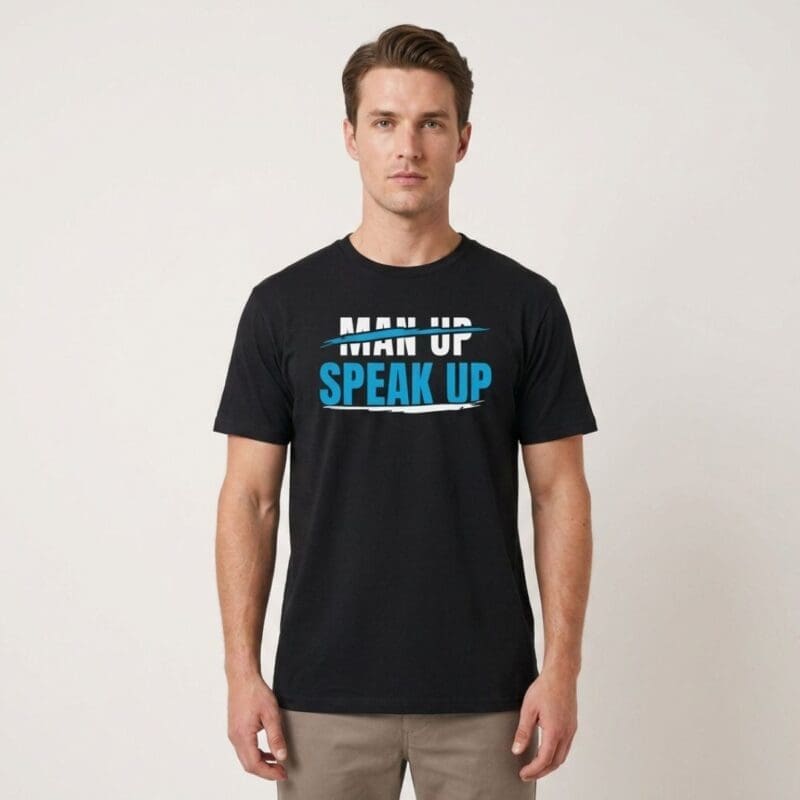 Man wearing 'Speak Up' slogan T-shirt