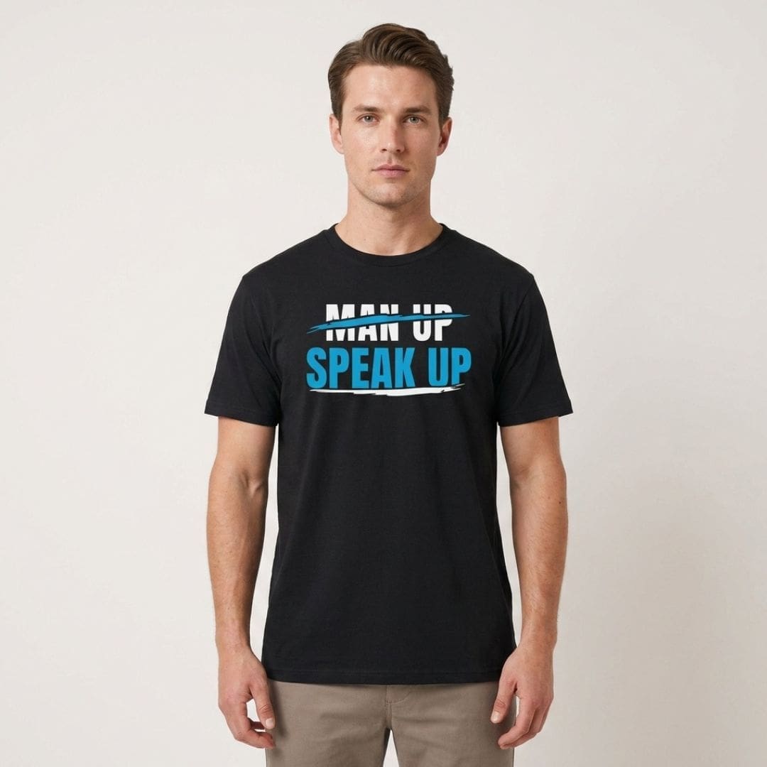 Man wearing 'Speak Up' slogan T-shirt