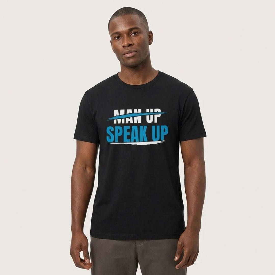 Man wearing 'Speak Up' slogan T-shirt