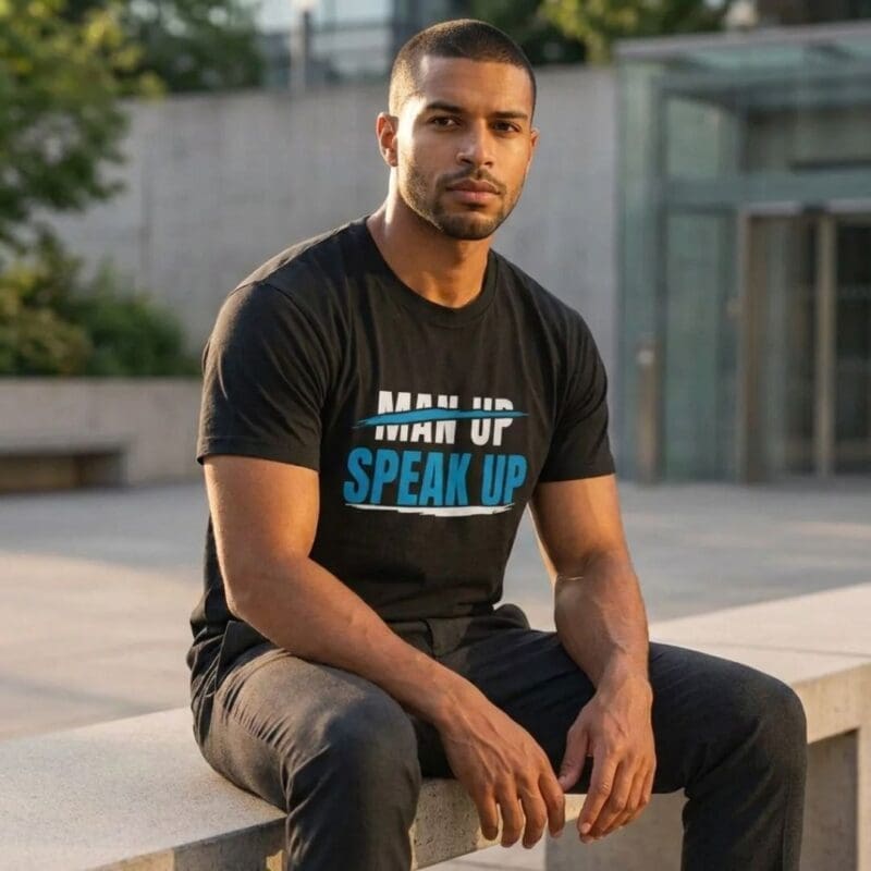Man wearing 'Man Up Speak Up' T-shirt