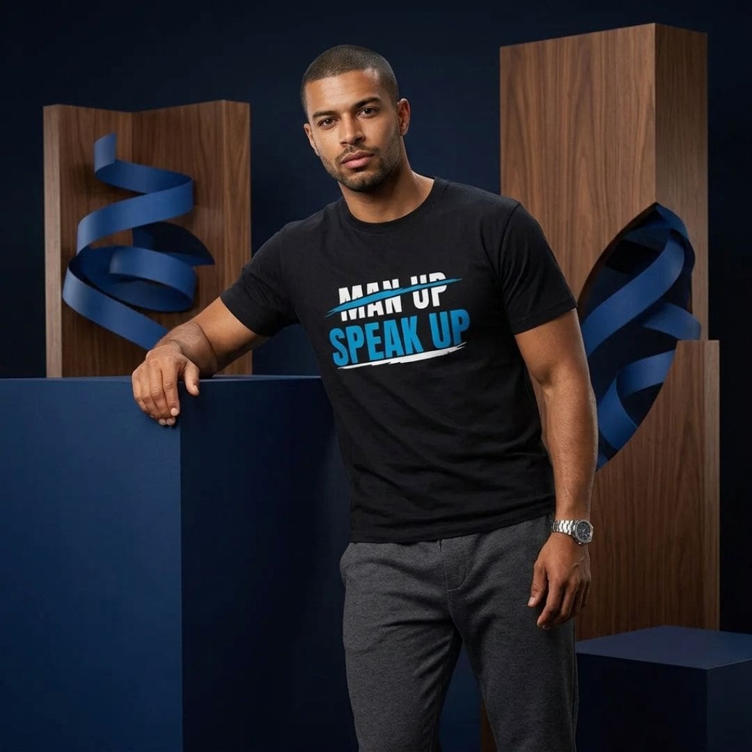 Man wearing 'Speak Up' slogan T-shirt