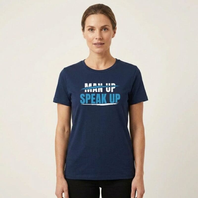 Woman wearing navy 'Speak Up' slogan T-shirt