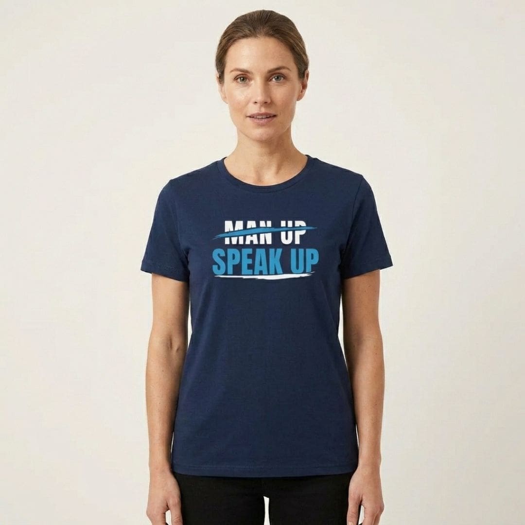 Woman wearing navy 'Speak Up' slogan T-shirt