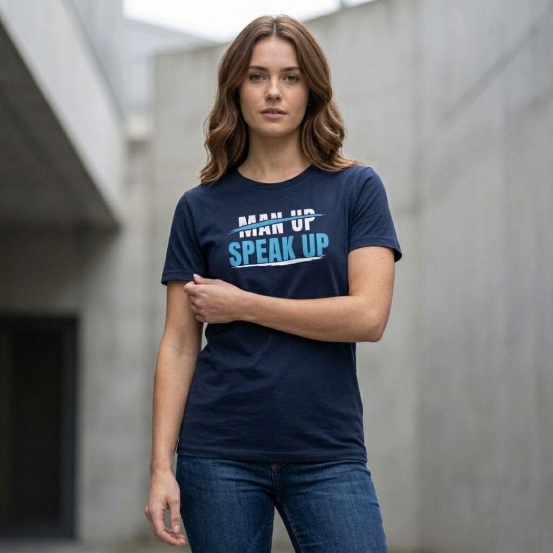 Woman wearing 'Speak Up' slogan T-shirt