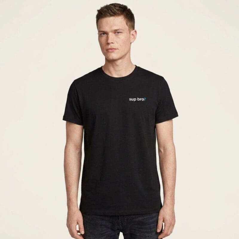 Man wearing black ‘sup bro?’ slogan T-shirt