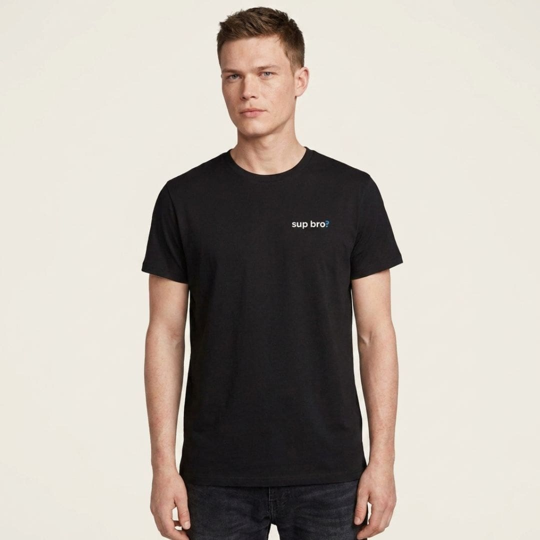Man wearing black ‘sup bro?’ slogan T-shirt