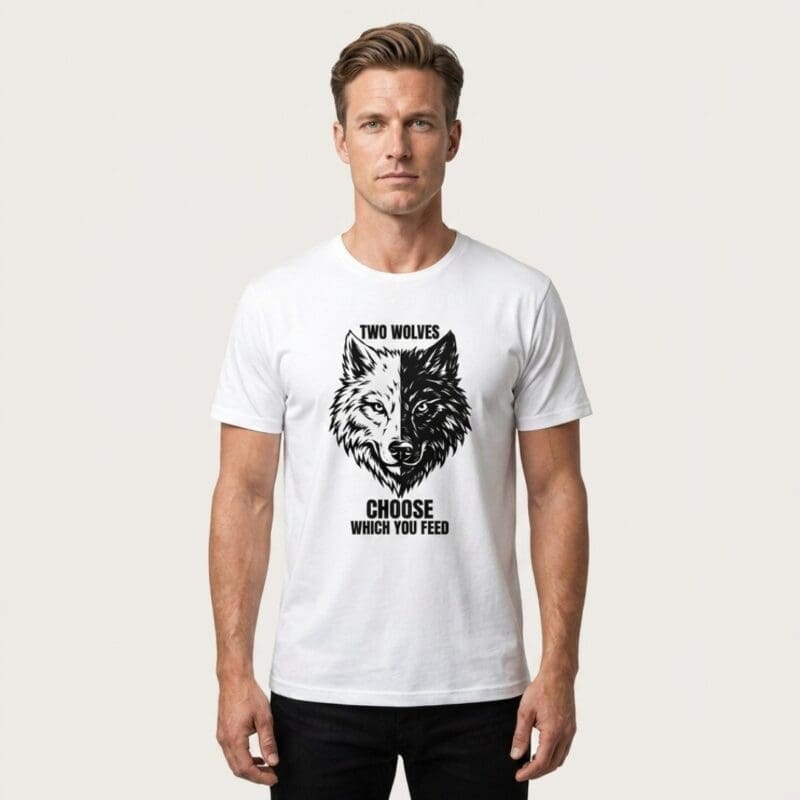 Male model wearing the MMH Clothing “Two Wolves” white graphic T-shirt in a clean studio setting. The front design features a split black-and-white wolf head illustration with the text “Two Wolves” above and “Choose Which You Feed” below.