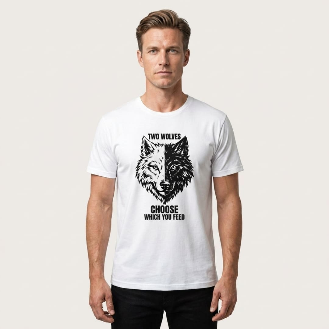 Male model wearing the MMH Clothing “Two Wolves” white graphic T-shirt in a clean studio setting. The front design features a split black-and-white wolf head illustration with the text “Two Wolves” above and “Choose Which You Feed” below.