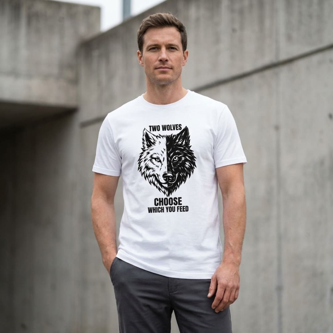 two wolves t shirt Male model wearing the MMH Clothing “Two Wolves” white graphic T-shirt in an urban concrete setting. The front design features a split black-and-white wolf head illustration with the statement “Two Wolves. Choose Which You Feed.”